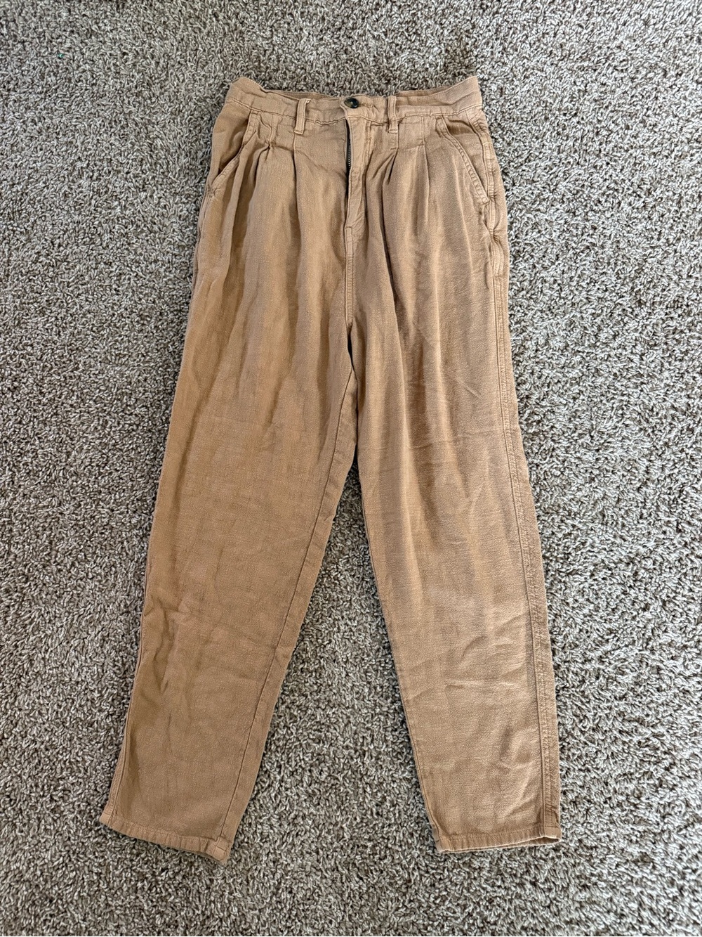 Free People Tan Boho High Waisted Pleated Tapered Linen Blend Pants